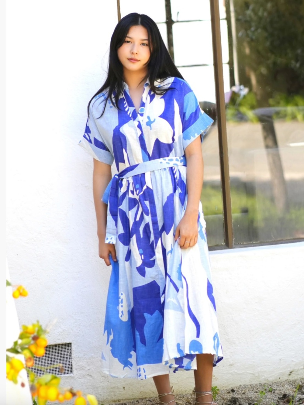Blue Floral Shirt Dress with Belt